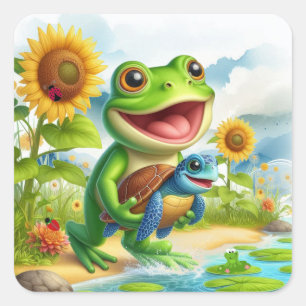 Cheerful Frog and Sea Turtle Scene Square Sticker