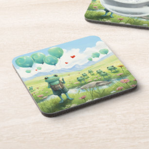 Cheerful frogs blue balloons coaster