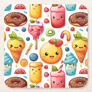 Cheerful funny cute sweets Square Paper Coaster