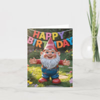 Cheerful Garden Gnome with "Happy Birthday" Banner