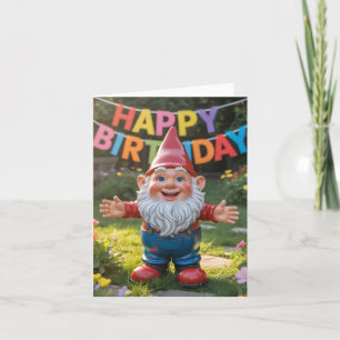 Cheerful Garden Gnome with "Happy Birthday" Banner Holiday Card