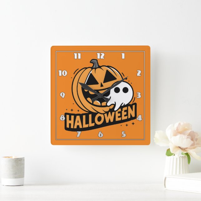 Cheerful ghost by a playful pumpkin square wall clock (Home)