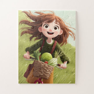 Cheerful Girl Riding Bike with Vegetable Basket Jigsaw Puzzle