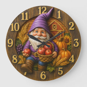 Cheerful gnome with apple basket harvest large clock
