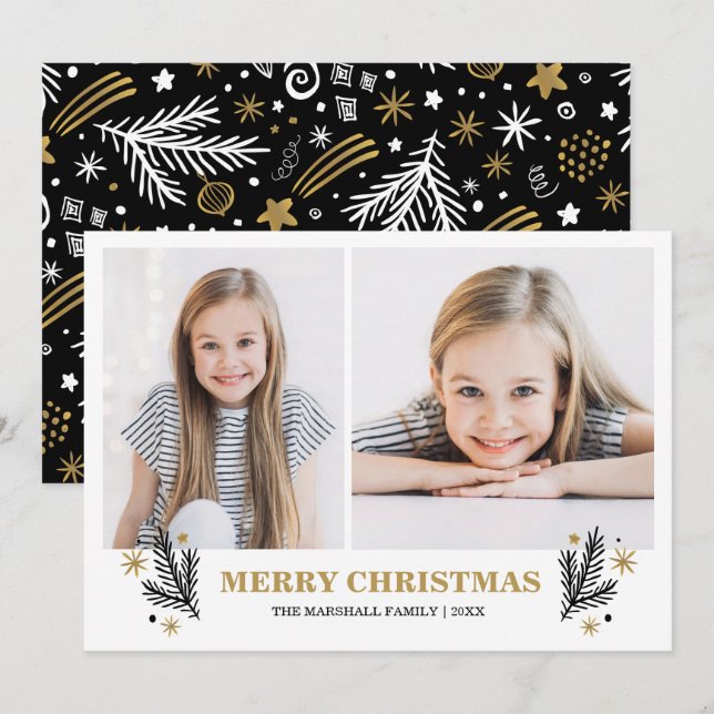 Cheerful Gold Black White  Pines Christmas 2 photo Invitation (Front/Back)