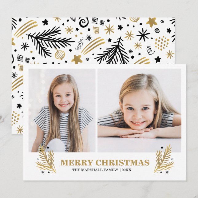 Cheerful Gold White Black Pines Christmas 2 photo Invitation (Front/Back)