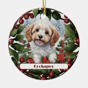 Cheerful Golden Cockapoo Puppy Custom Christmas  Ceramic Tree Decoration