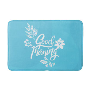 Cheerful Good Morning Typography Bright Blue Bath Mat