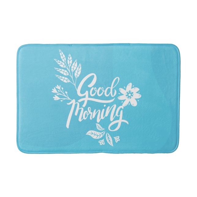 Cheerful Good Morning Typography Bright Blue Bath Mat (Front)