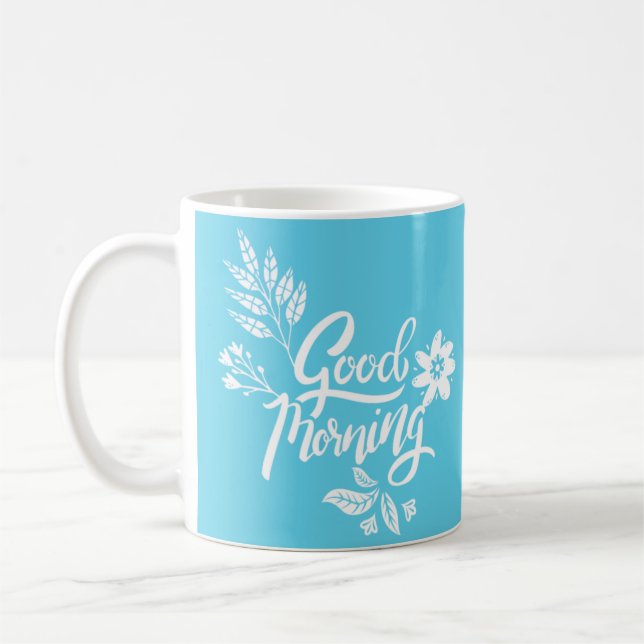 Cheerful Good Morning Typography Bright Blue Coffee Mug (Left)