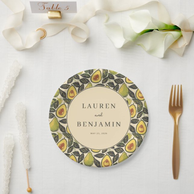 Cheerful Green Avocado Illustration Paper Plate (Wedding)