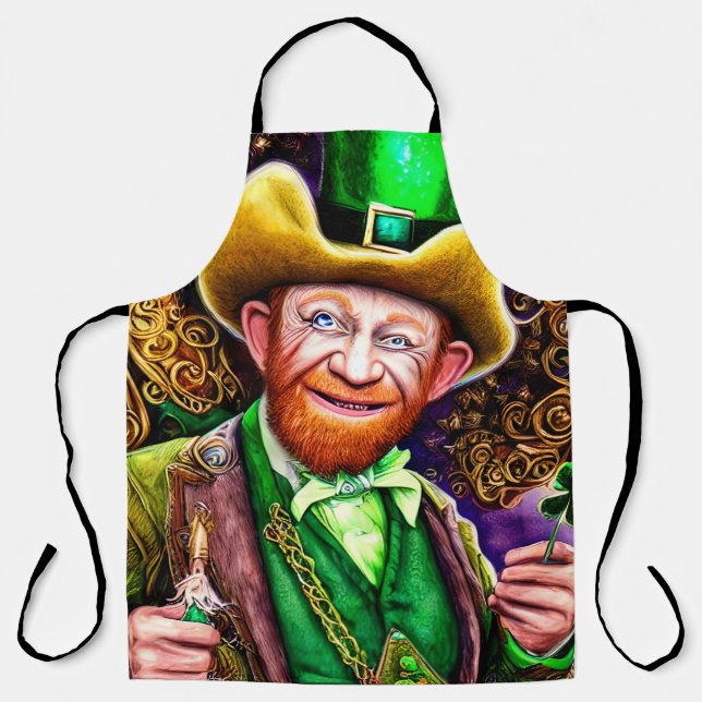 Cheerful Green Leprechaun with Shamrock Pipes Apron (Front)