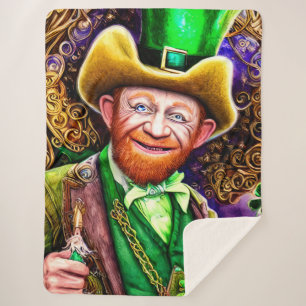 Cheerful Green Leprechaun with Shamrock Pipes  Sherpa Blanket