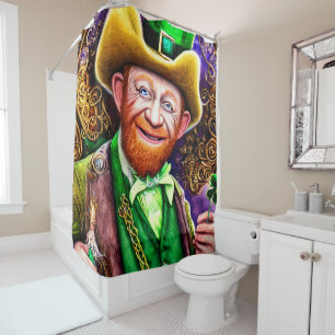 Cheerful Green Leprechaun with Shamrock Pipes Shower Curtain