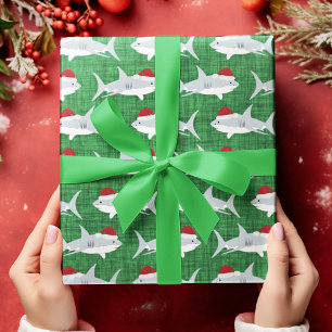 Cheerful Green Shark Santa Hat Design Wrapping Paper