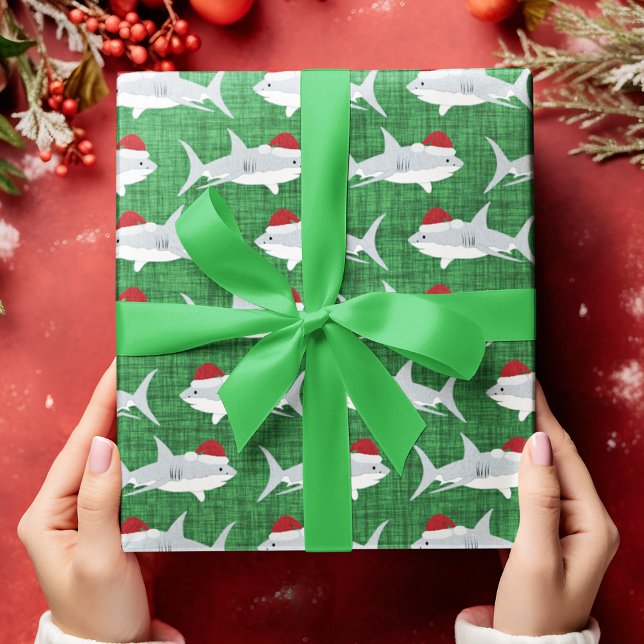 Cheerful Green Shark Santa Hat Design Wrapping Paper (Shark Santa Green Fabric Look Background Wrapping Paper)