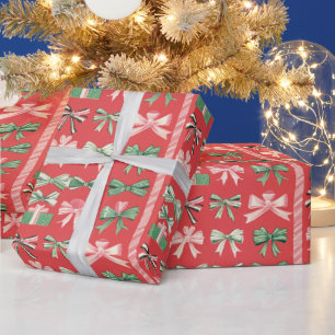 Cheerful Green, White Ribbon Holiday Wrapping Paper