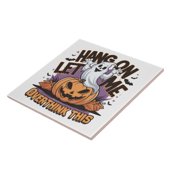 Cheerful Halloween ghost atop a carved pumpkin Tile (Side)