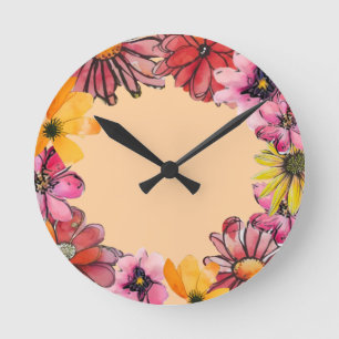 Cheerful handpainted flower pattern round clock
