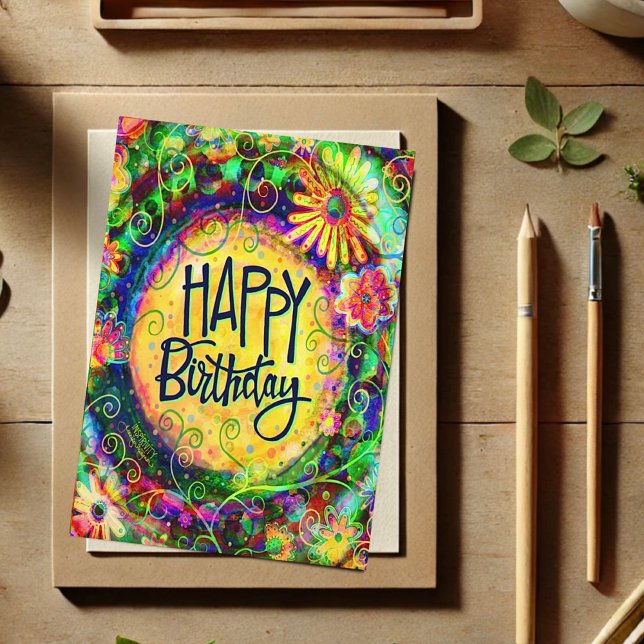 Cheerful Happy Birthday Fun Floral Yellow Card (Creator Uploaded)