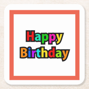 Cheerful Happy Birthday Text Square Paper Coaster