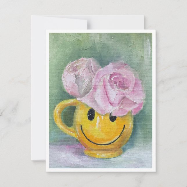 Cheerful Happy Face Mug with Pink Roses Note Card (Front)