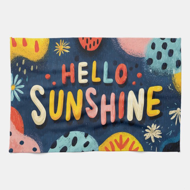 Cheerful "Hello Sunshine" Greeting  Tea Towel (Horizontal)