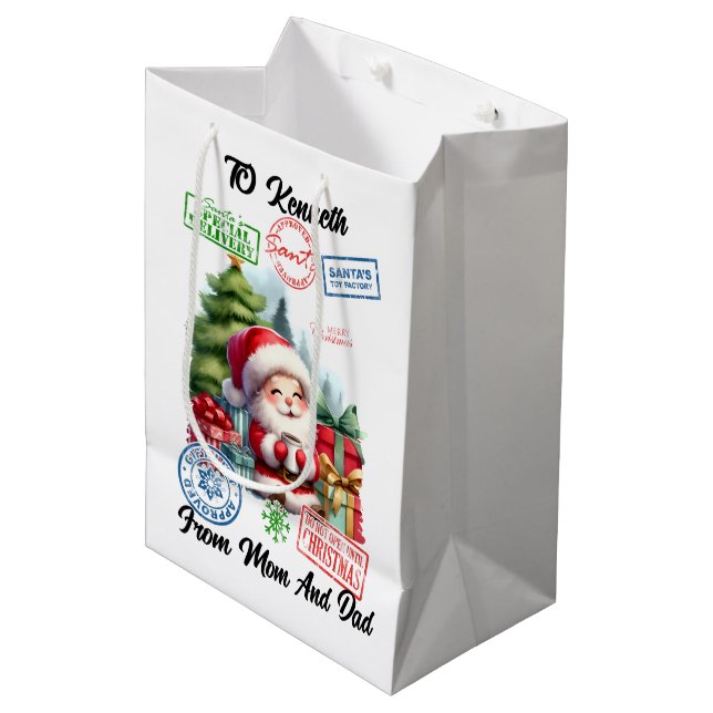 Cheerful Holiday Sticker Santa  Medium Gift Bag (Front Angled)