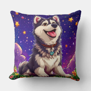 Cheerful Husky Against Starry Sky Cushion