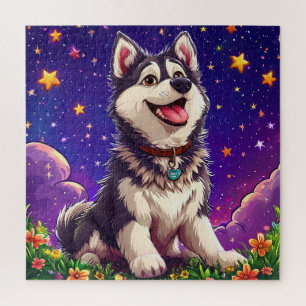 Cheerful Husky Against Starry Sky Jigsaw Puzzle
