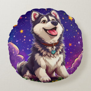 Cheerful Husky Against Starry Sky Round Cushion