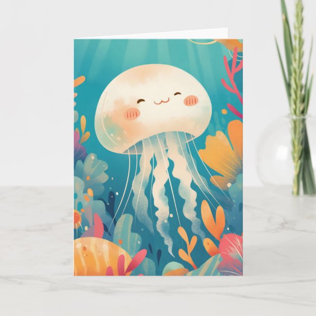 Cheerful Jellyfish Floating Through Colourful Reef Card (Front)