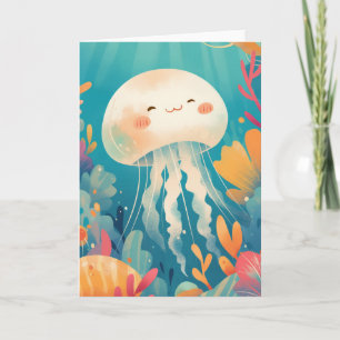 Cheerful Jellyfish Floating Through Colourful Reef Card