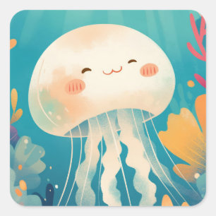 Cheerful Jellyfish Floating Through Colourful Reef Square Sticker