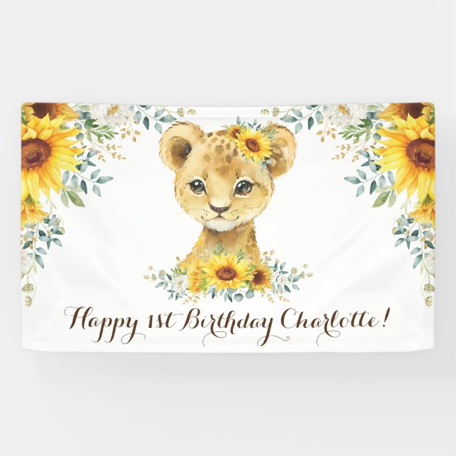 Cheerful Jungle Lion Cub Sunflower Happy Birthday Banner (Horizontal)