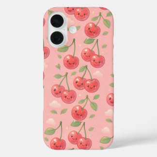 Cheerful Kawaii Cherry Pattern Illustration iPhone 16 Case