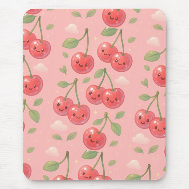 Cheerful Kawaii Cherry Pattern Illustration Mouse Mat (Front)