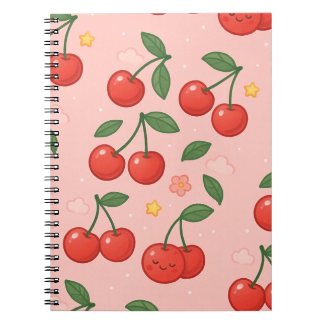 Cheerful Kawaii Cherry Pattern Illustration Notebook (Front)
