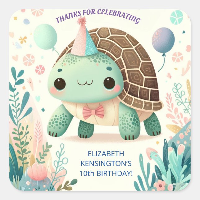 Cheerful Kids Cute Tortoise Birthday Party Square Sticker (Front)