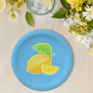 Cheerful Lemon Yellow and Blue Citrus Paper Plate