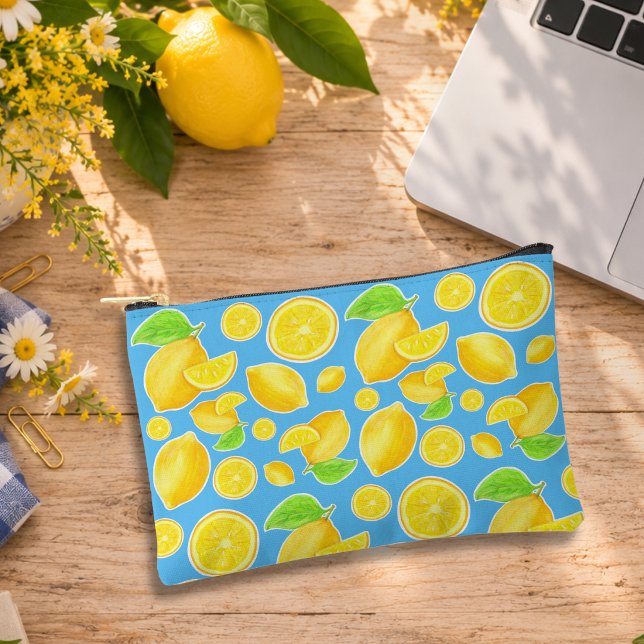Cheerful Lemon Yellow and Blue Citrus Pattern Accessory Pouch (Creator Uploaded)