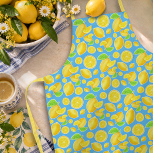 Cheerful Lemon Yellow and Blue Citrus Pattern Apron