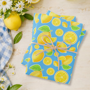 Cheerful Lemon Yellow and Blue Citrus Pattern Wrapping Paper Sheet