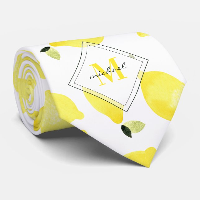 Cheerful Lemons Pattern Yellow Monogram Name White Tie (Rolled)