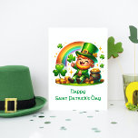 Cheerful Leprechaun: Saint Patrick's Day Festive  Holiday Postcard<br><div class="desc">This vibrant Saint Patrick's Day greeting postcard features a cartoon-style leprechaun radiating joy and festivity. With his green hat and a shamrock,  he stands against a backdrop of a colourful rainbow leading to a pot of gold. Perfect for capturing the spirit of Irish culture and celebration.</div>