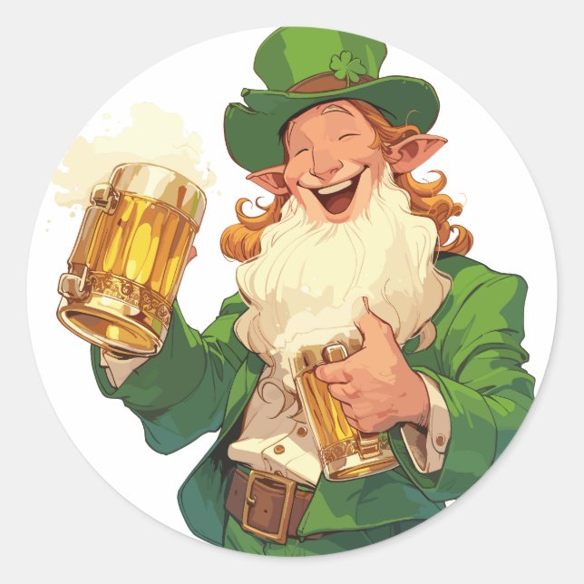  Cheerful Leprechaun Toasting Beer Classic Round Sticker (Front)