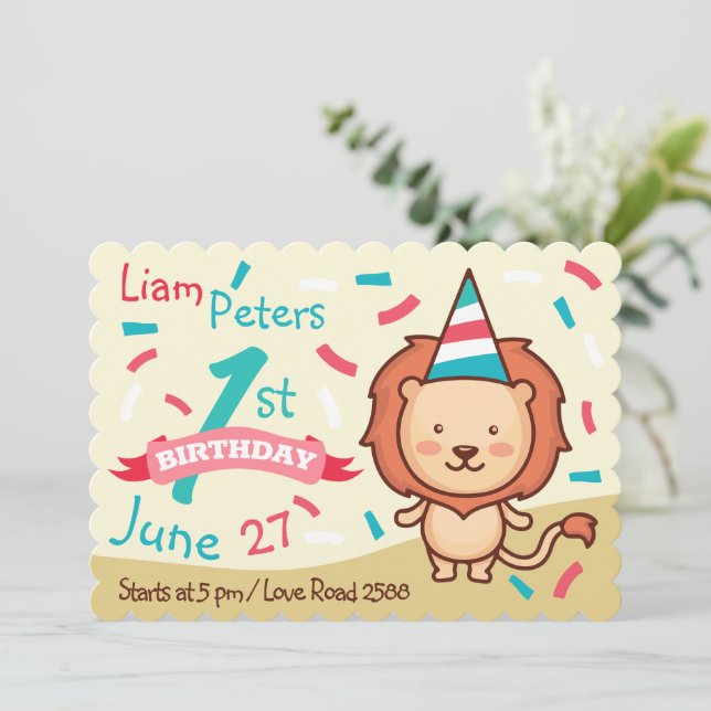 Cheerful Lion First Birthday Invitation (Standing Front)