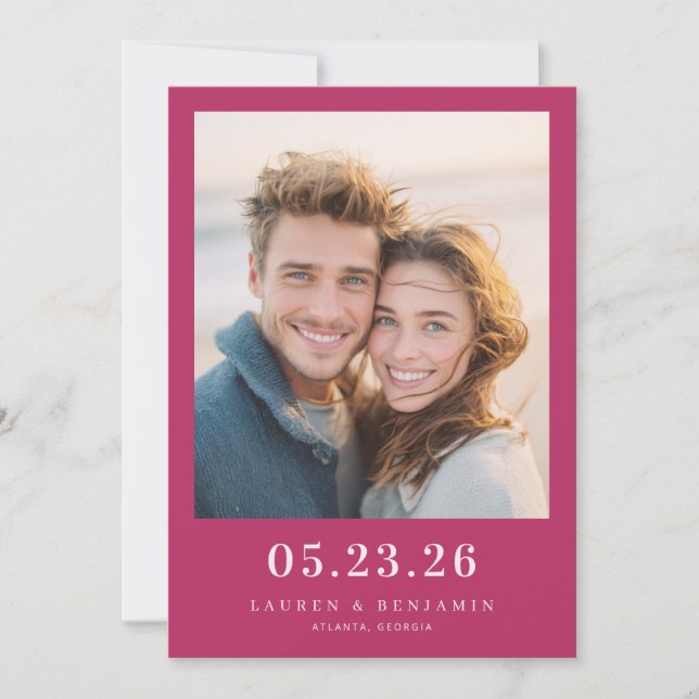 Cheerful Magenta Romantic Photo Save The Date (Front)