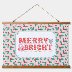 Cheerful Merry & Bright Retro Pink and Red Holly Hanging Tapestry