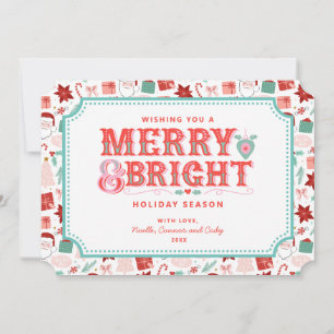 Cheerful Merry & Bright   Retro Pink and Red Holly Holiday Card